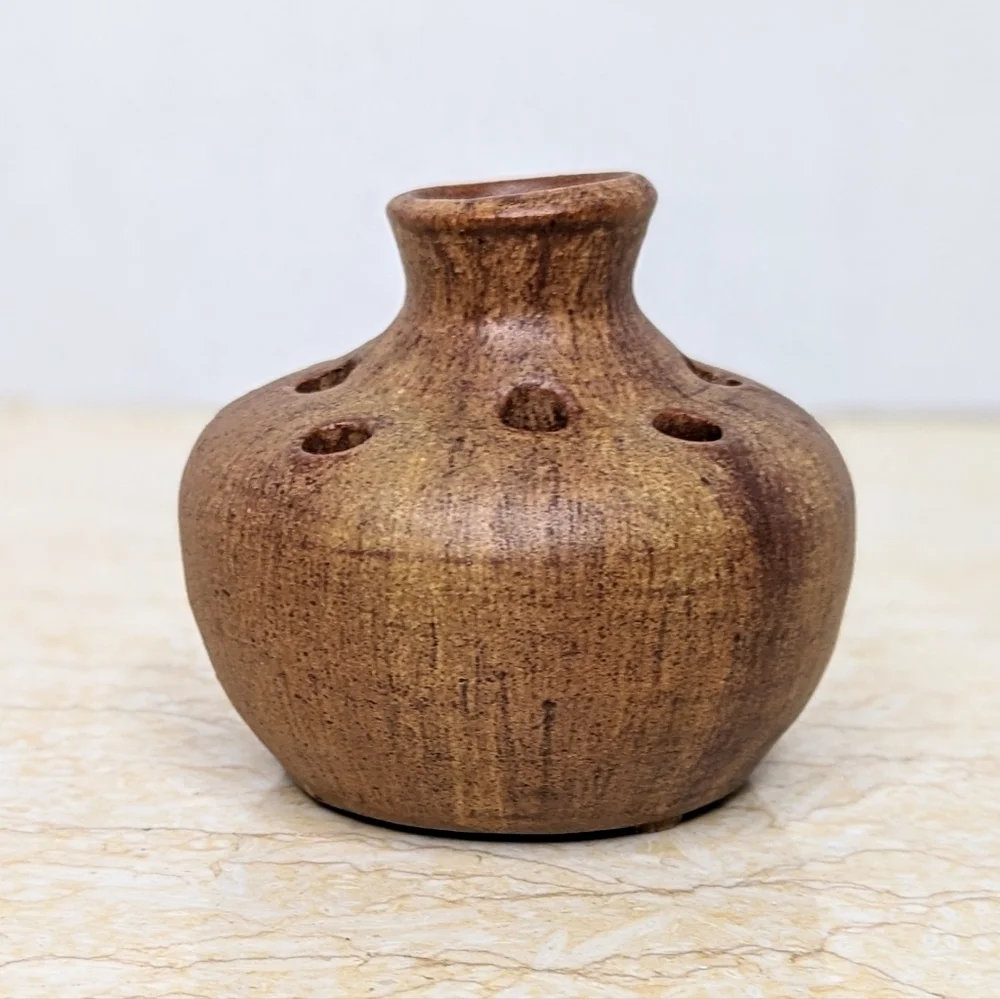 Studio Pottery Seagrove Flower Frog  Brown Vase Handcrafted Artisan Made